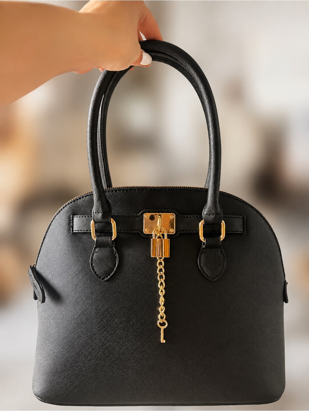 Aldo Black Dome Satchel with Gold Padlock Accent
